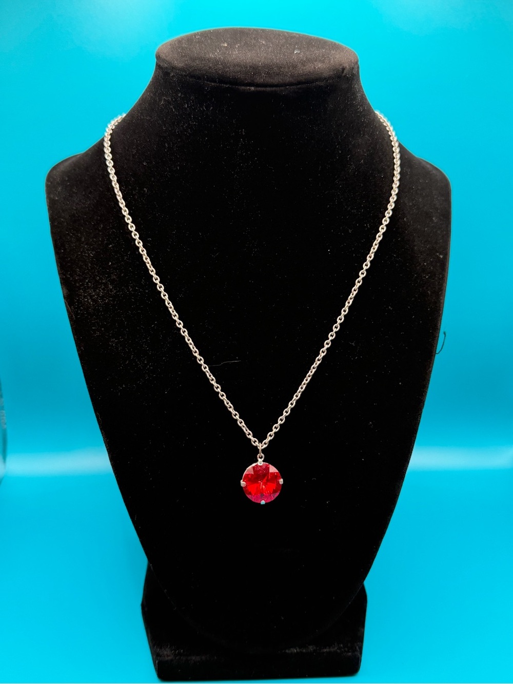Sabika Silver Chain Necklace with Red Crystal Pendant - Women Jewelry